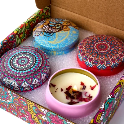 4PCS/Set Scented Candle Box Vintage Flower Rose Lavender Candle Jars Soy Wax Fragrance Candles Wedding Birthday Gift Home Decor